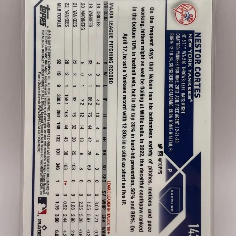 Nestor Cortes (/5), 2023 Chrome Sapphire Red Parallel, New York Yankees