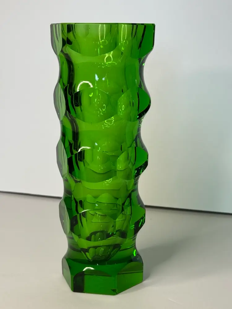 Green Czech glass vase designed by Oldrich Lipsky for Borocrystal Exbor glassworks, Circa 1960s, 8"