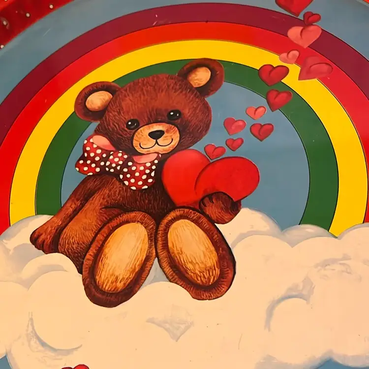 vintage tin serving tray with a teddy bear and rainbow design. 1980-1990-13 Inches