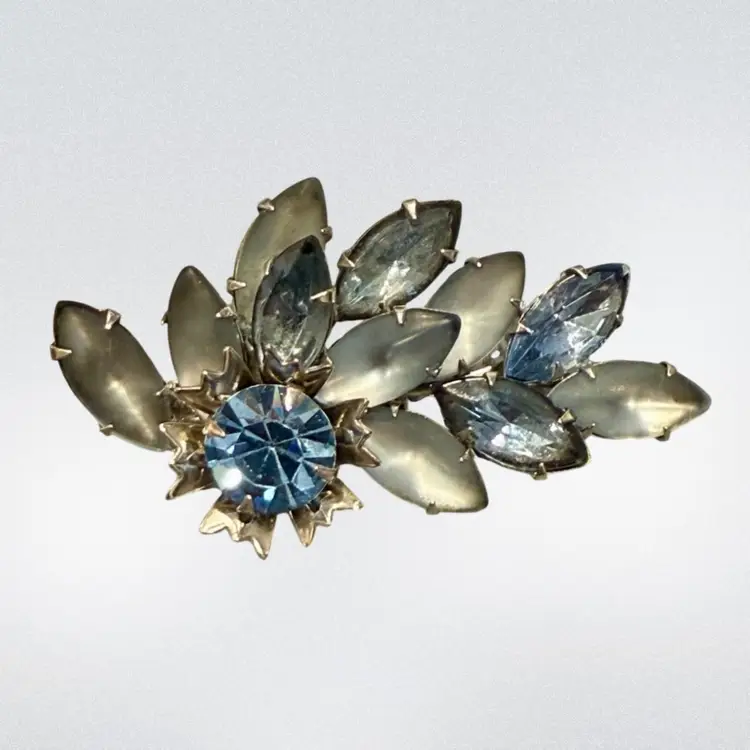 Vintage MCM Frosted Blue Navette Bright Blue Brilliant Prong Set Rivet & Swedge Brooch 2.5”