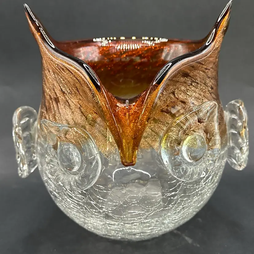 Vintage X-LARGE Hand Blown Glass AMBER Crackle Glass Owl Vase Or Candle 9x7.5”