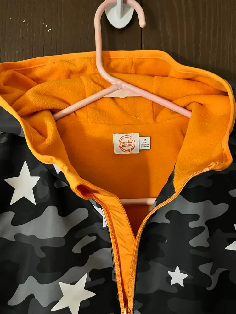 WONDER NATION Kids Medium Camo Star Hooded Softshell Jacket Gray Orange Zip