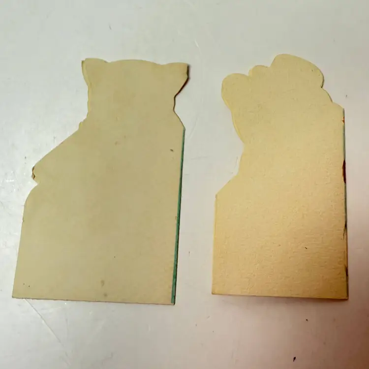 Set of 2 Vintage Paper Christmas Cards Kitty in Stocking & Snowman