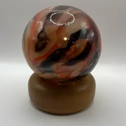 Tacoma Glass Studio Large 4 1/2” Round Paperweight In Swirling Browns, Oranges, Cream Glass. Comes With Custom Wooden Base