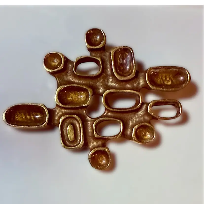 Vintage Signed Bernard Chaudron Gilded Brass Statement Brutalist Brooch