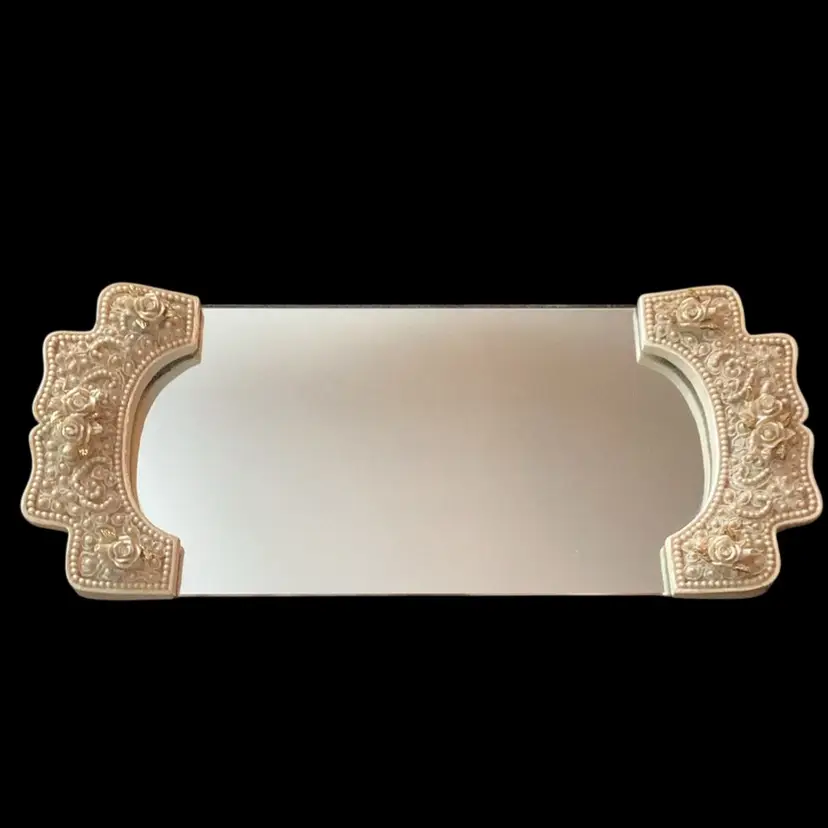 Beautiful Vanity Mirror With Gold And Faux Pearl Handles With Rose Motif