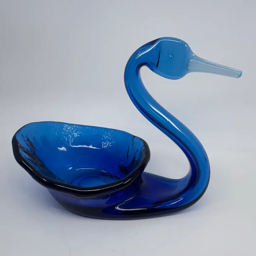 Vintage Viking Glass Peacock Blue Swan Dish 6”