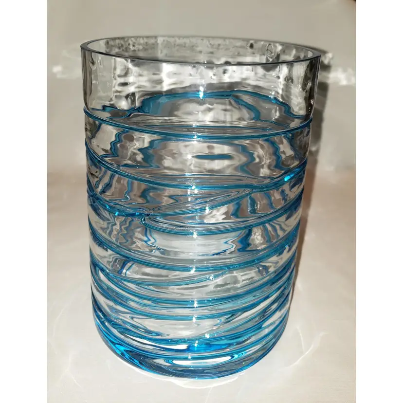 LARGE Glass Vase Utensil Holder with Blue Glass Threading