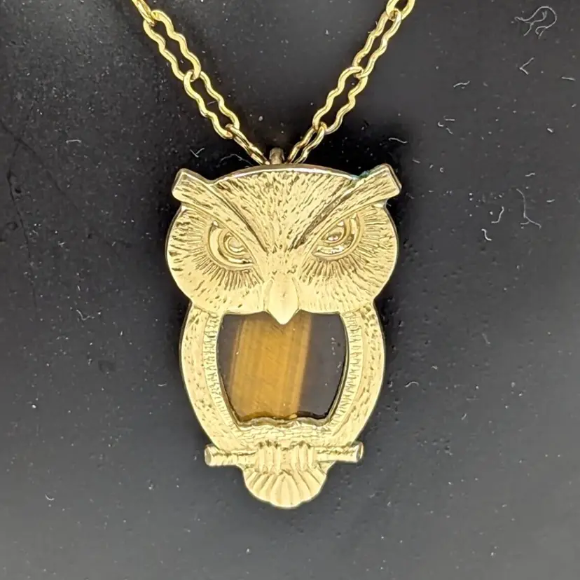 Owl 12K Gold Filled Tigers Eye Pendant On GF Chain Necklace Vintage Marked