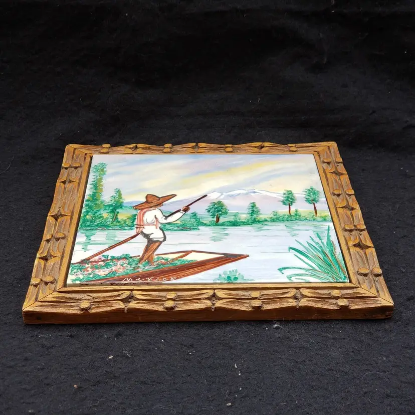 Ceramic Tile Hand Painted with Wood Frame - Scene of Mexico (Signed as Mexico) 7 3/8"