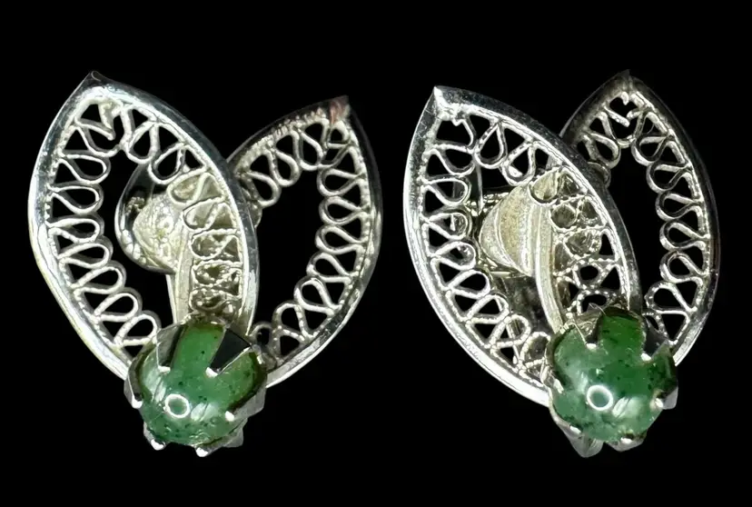 Signed Clip On Earrings Pa Ha Co Sterling Silver Plated Precious Stone Jade