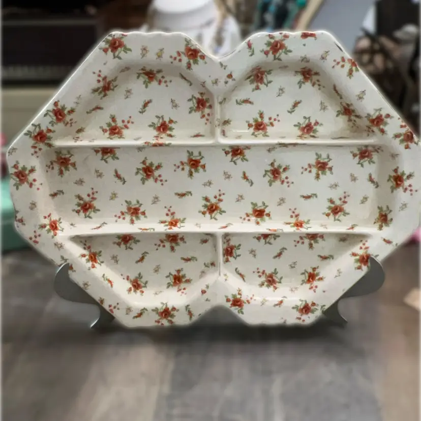 Vintage Porcelain Chinz Floral Divided Plate, 12  x 9” With Gold Guilding