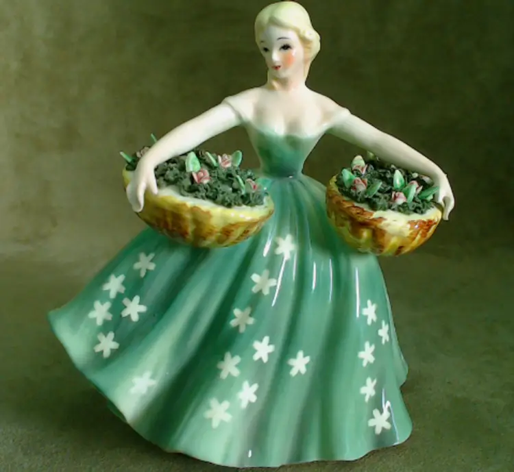 Vintage Girl with Flower Basket Indoor Planter | Gorgeous Gal in a Flowing Green Dress Holding Flower Baskets | Applied Flowers & Porcelain Spaghetti Grass | 1950s Lefton Made in Japan