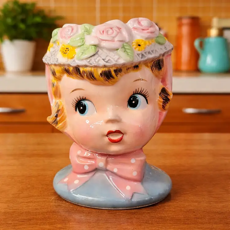 Lefton Miss Cutie Pie Pink Head Vase Planter Flower Japan