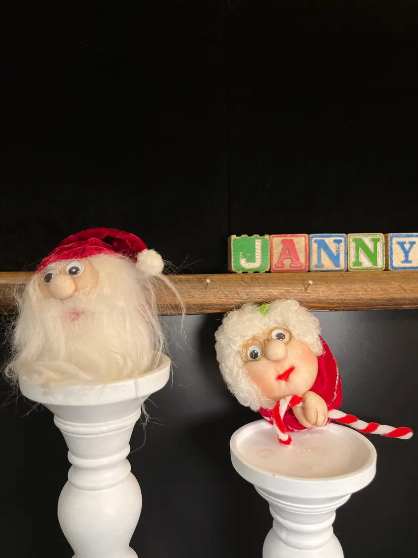 Hand Crafted "Nylon Stocking" Holiday Ornaments. Mrs. Claus is Sporting a Big Moon & Candy Cane, Santa Isn't Sure if He Approves! Mrs. Claus may be on the Naughty List-Snicker. Lot 60