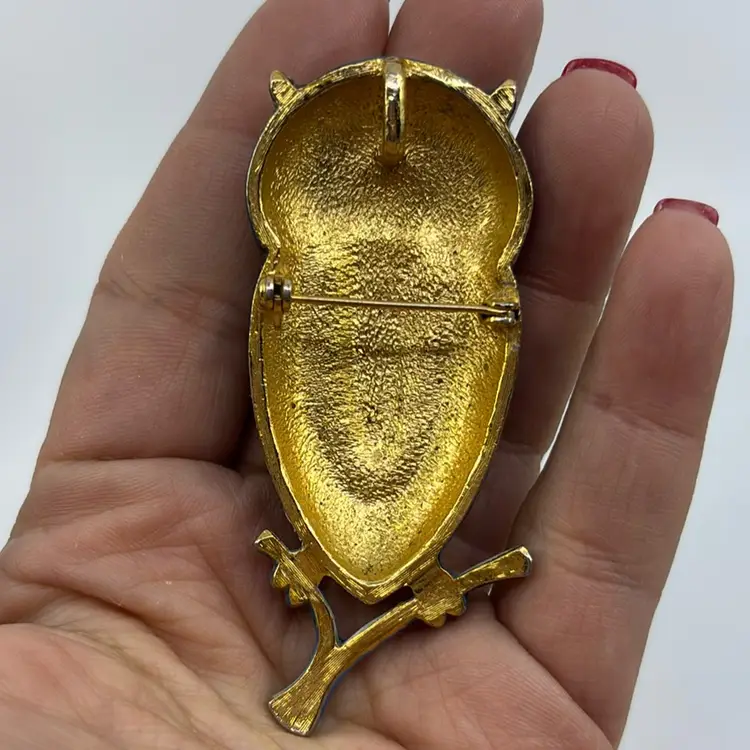 Enamel Gold Tone Groovy Owl Brooch Pendant 3”