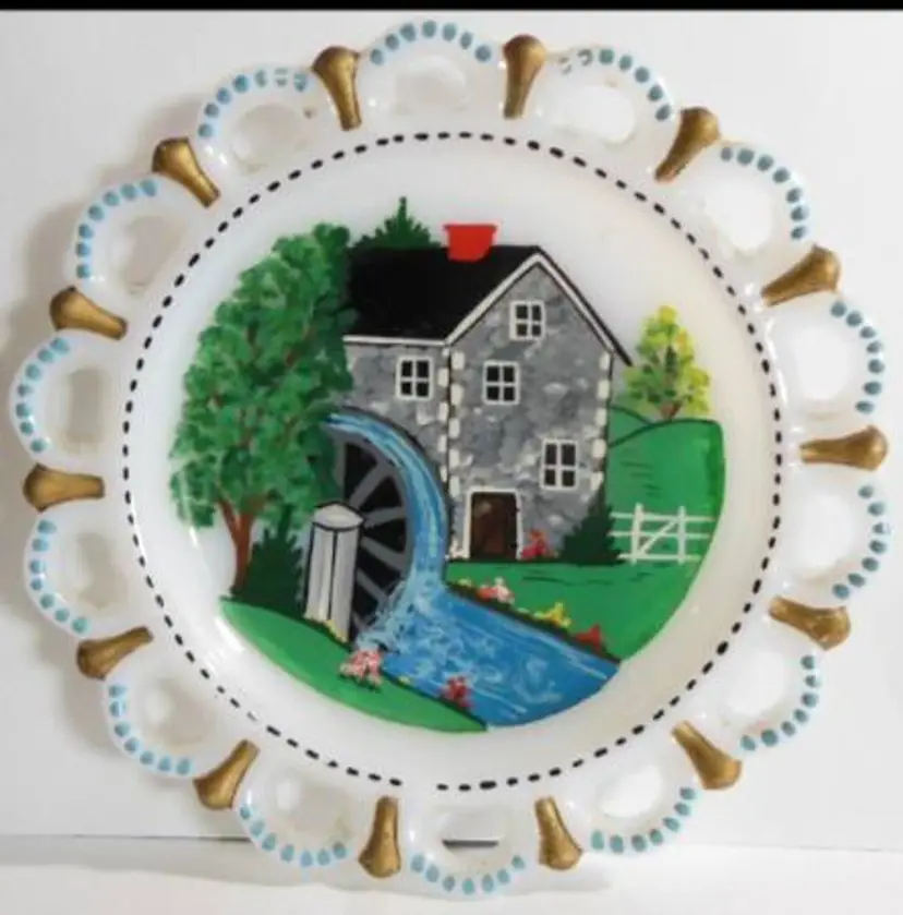 Vintage Anchor Hocking Hand-Painted Lace Edge Milk Glass Plate, OOAK!