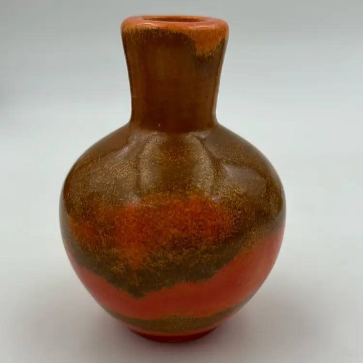 Vintage Hand Made Weed Pottery Vase Orange And Brown