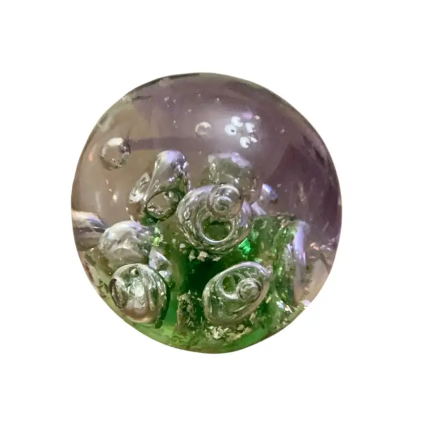 Vintage Pier One Control Bubble Green And Purple Swirl Paperweight 3” X 3 1/2”