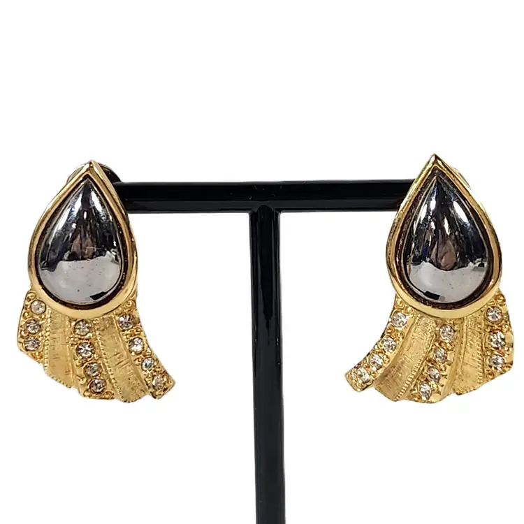 Hematite & Rhinestone Teardrop Earrings LARGE Gold Tone Post Art Deco Style Pierced Ear Jewelry VTG