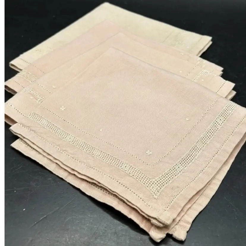 4 Lady's Luncheon Napkins in Pale Pink Linen w/Hem Stitched Details,Vintage