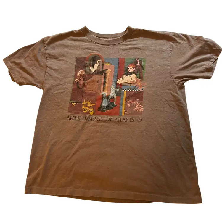 Vintage 1995 Arts Festival of Atlanta T-Shirt Belton Tag Single Stitch Graphic Tee Made in USA Brown L Art Gallery Surreal Design