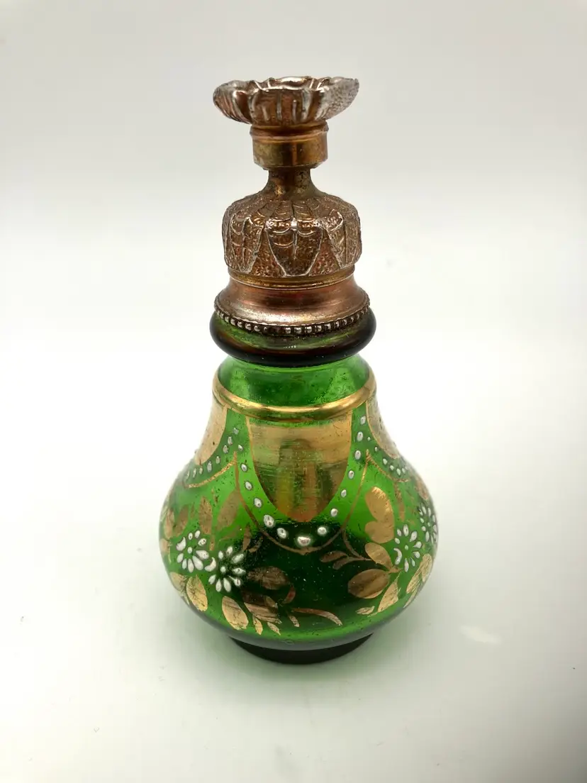 BIN - Antique Green Czech Glass Hand Painted Perfume Rosewater Screw Top Vanity Bottle With Metal Top. 4”