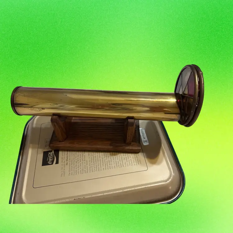 Vintage Chesnik-Signed Brass Kaleidoscope 1984 Two Dichroic Stained Glass Wheels & Wood Stand