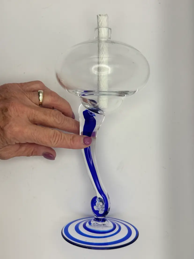 Handblown Blue Swirl Oil Lamp Made In Poland 9”