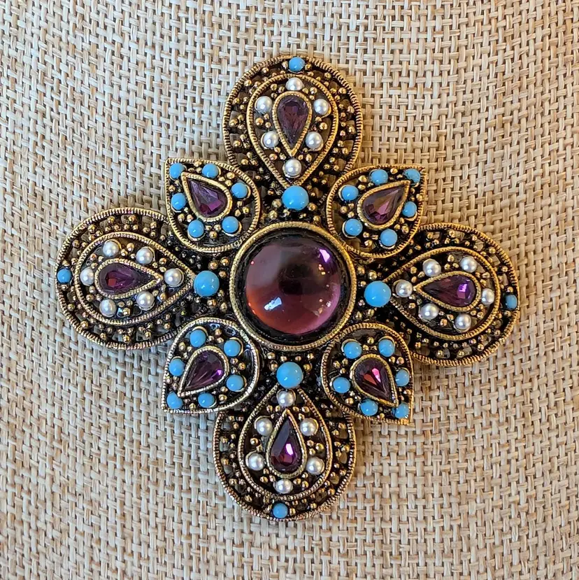 Vintage ART Arthur Pepper Maltese Cross Faux Turquoise Amethyst & Pearl Brooch
