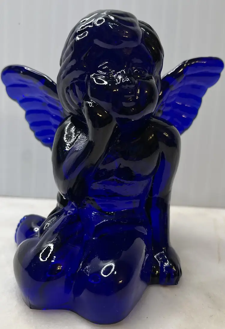 Vintage Cobalt Blue Glass Sitting Angel Cherub Taper Candle Holder