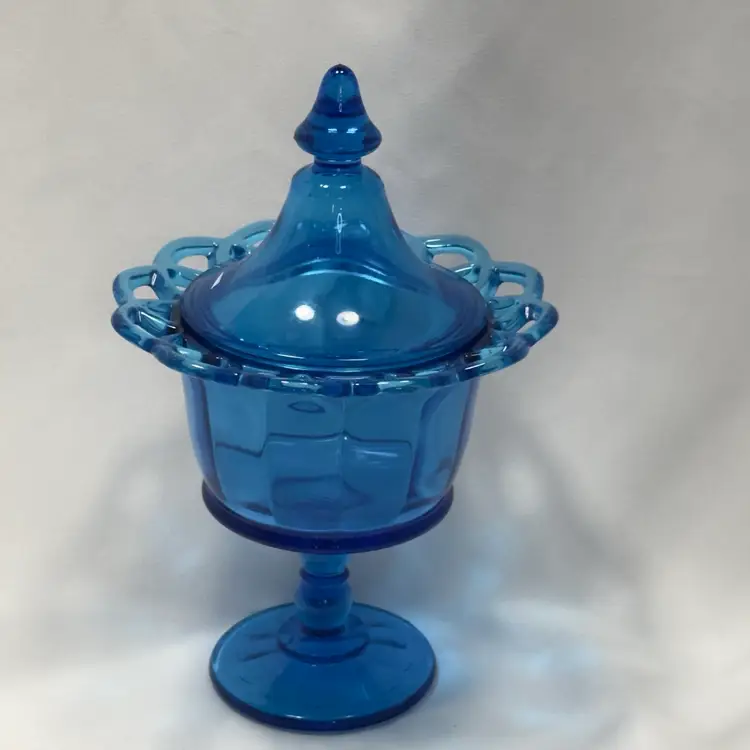 #1679 Vintage Imperial Blue Laced Edge Glass Lidded Compote Dish Footed
