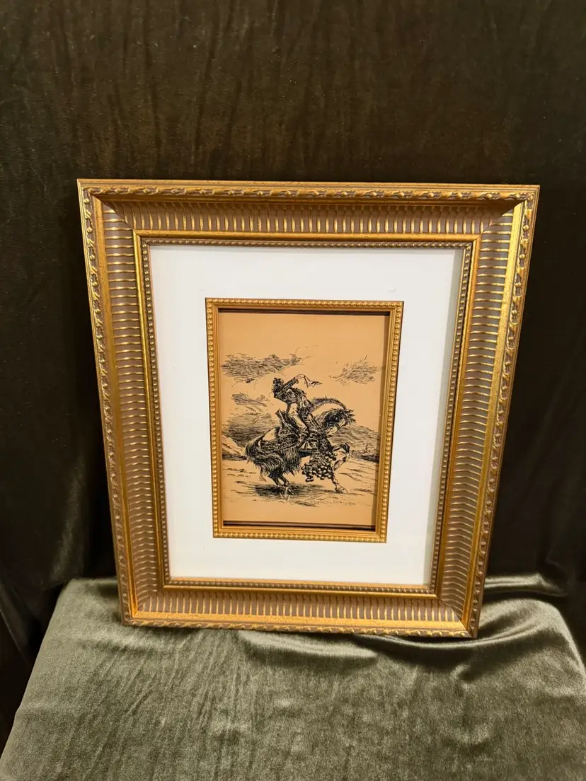 Dramatic ink Drawing of a Horse rearing with its rider - Signed by “King Richards”. 1 Of 2 Pieces from same artist.