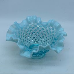 #0222 Fenton blue opalescent hobnail ruffled glass bowl 6.5” x 3”