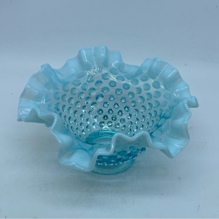 #0222 Fenton blue opalescent hobnail ruffled glass bowl 6.5” x 3”