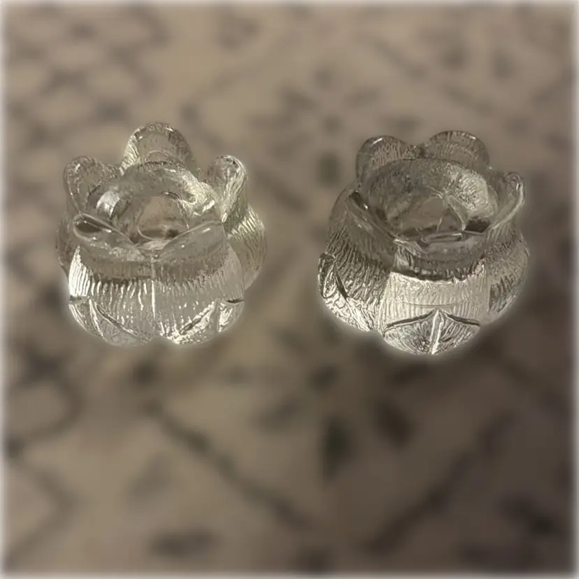 Pair of Kosta Boda Crystal Candle Holders Rosebud Design - Mats Jonasson - Sweden