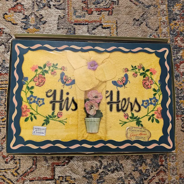 Vintage Cannon Yelllow His and Hers Floral Towel Set Joyce Morris Boxed Floral Mid Century Gift Ensemble