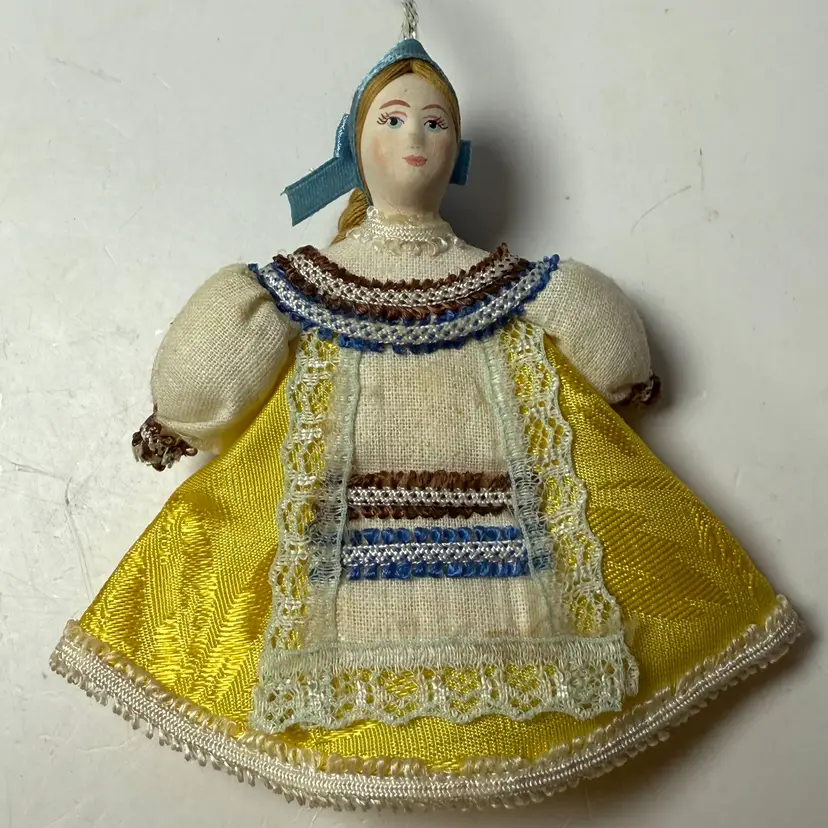 Vintage Russian Porcelain Head Doll Handmade Folk Art Painted Face Cloth Ornament