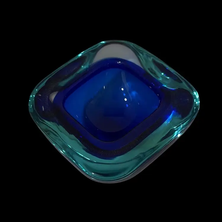 Vintage MCM Murano Geode Bowl, Murano Sommerso Cobalt & Turquoise Cased Glass Bowl, 4”