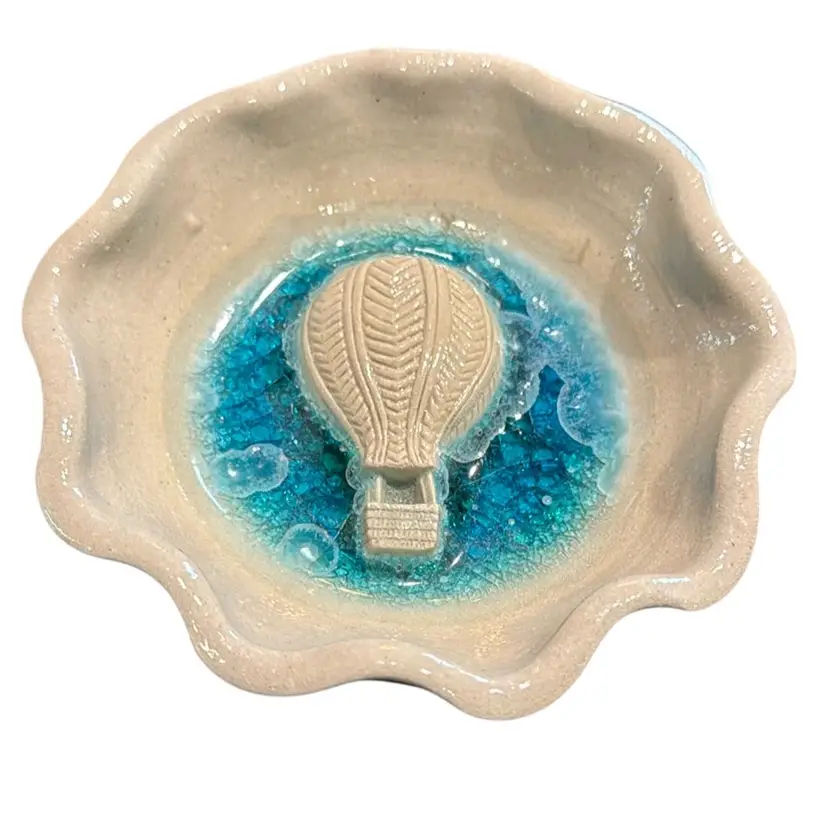 Salmon Falls 2014 Fused Glass & Pottery Trinket Dish - Hot Air Balloon In Clouds - Rare