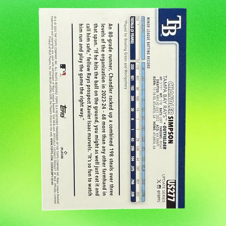 Chandler Simpson 2025 Topps Update RC Orange Holiday Foil RC #US277 Tampa Bay Rays