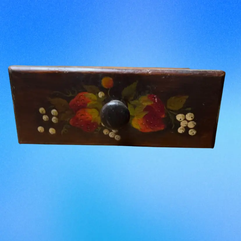 09a. Vintage wood Drawer, pencil box holder with Strawberries 7” Long