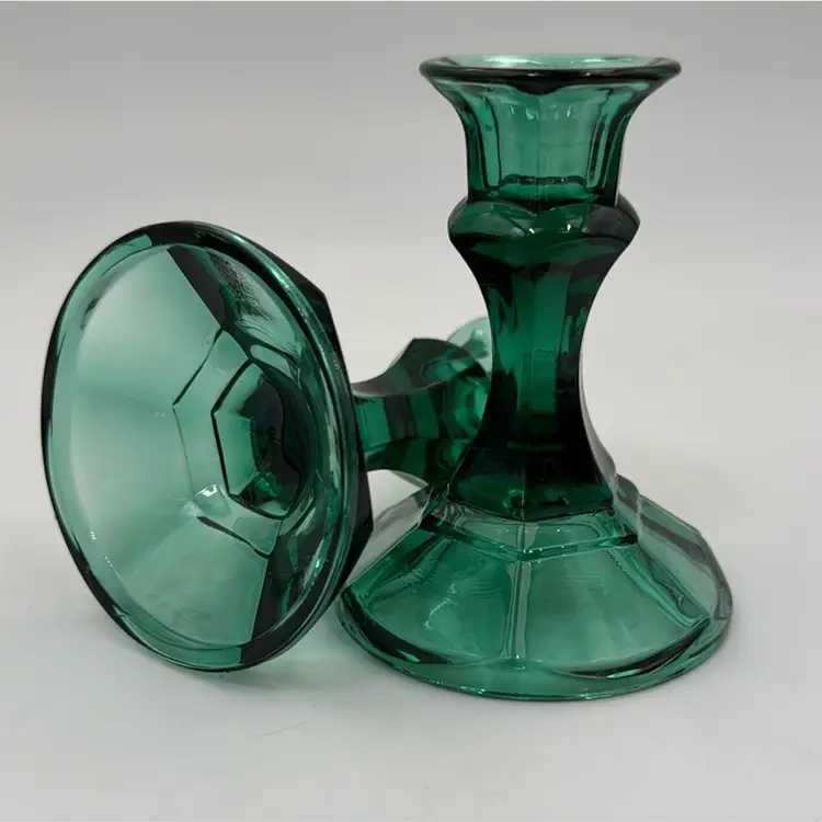 Vintage Emerald Green Glass Candle Sticks.