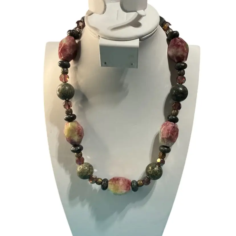 Serpentine Crackle Quartz & Labradorite Gemstone Necklace 19” KK10