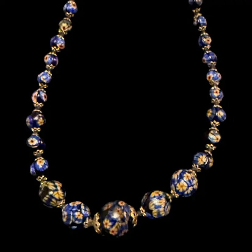 Murano Glass Cobalt Blue Millefiori Graduated Bead Necklace 21”