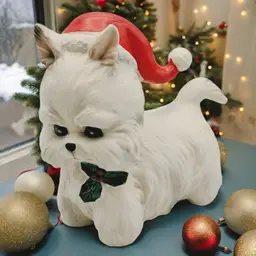 Vtg Lefton Christmas White Westie Dog W/ Santa Hat & Holly Figurine Japan