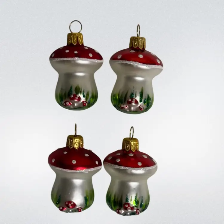 Max Glass Kowalski Ornaments Set Of Four Glass Woodland Mushrooms In Box Red Capped W/White Polka Dots And Mini Mushrooms 
2-3/8” T x 1-1/8” W