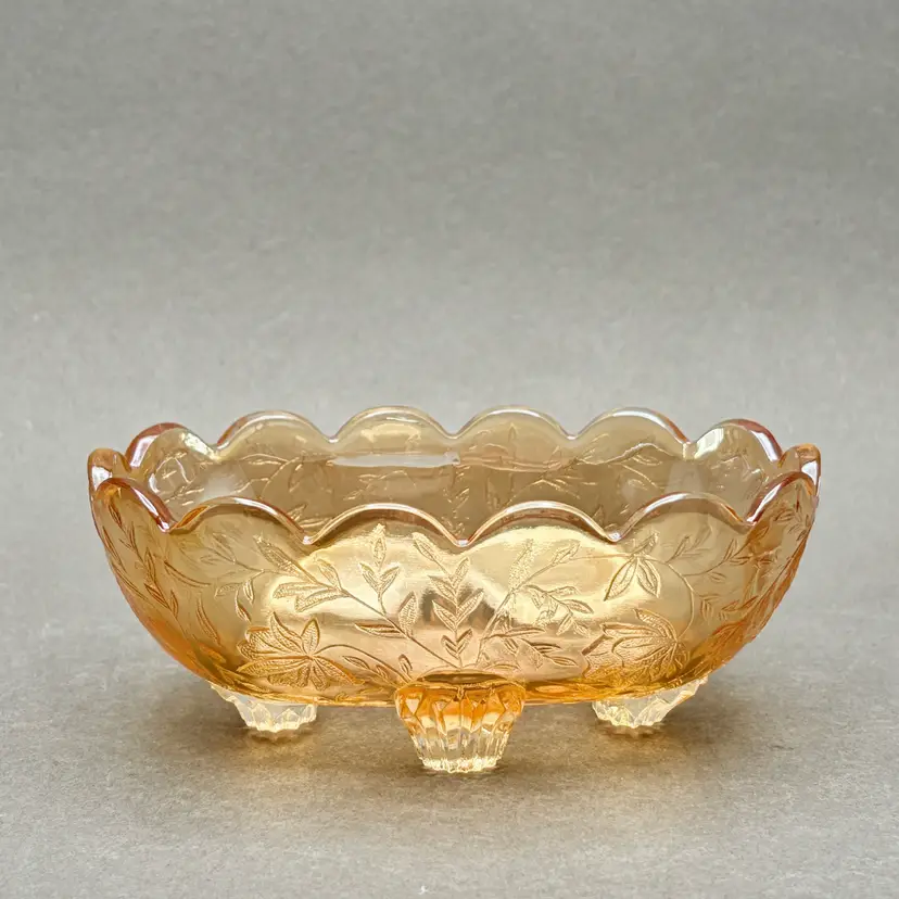 Vintage Jeannette Glass “Floragold Louisa” Marigold Carnival Glass Footed Candy Dish