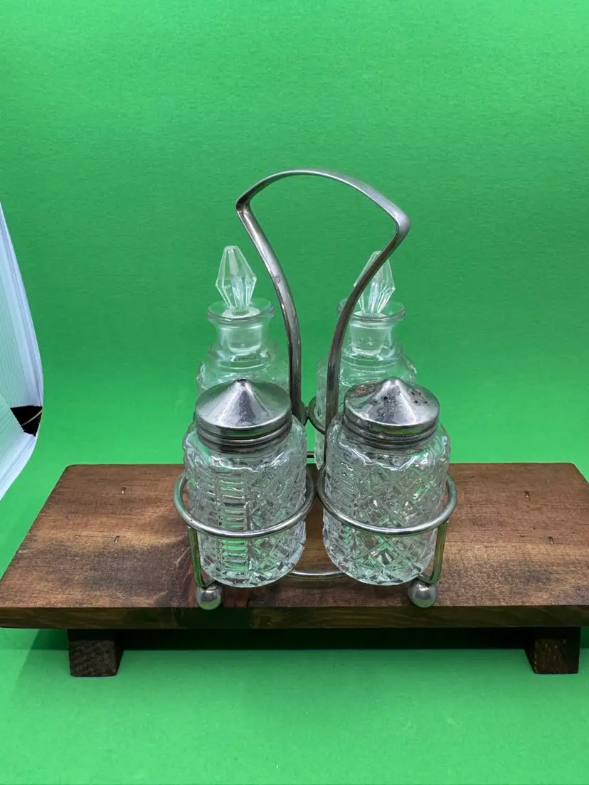 Vintage Cruet Set With Chrome Holder, Stoppers Are Hard Plastic (not Original)