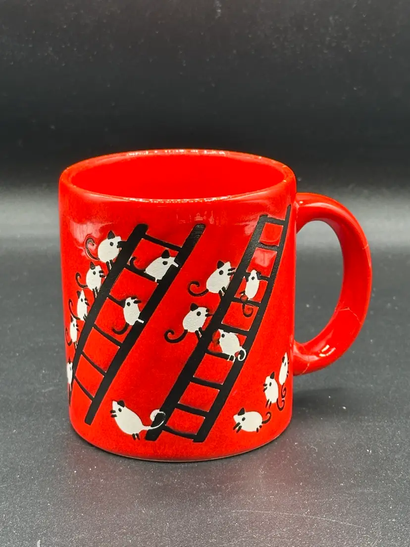 Rare Waechtersbach Mug • Red With Mice & Ladders • Made in West Germany **Handle Cracked**
